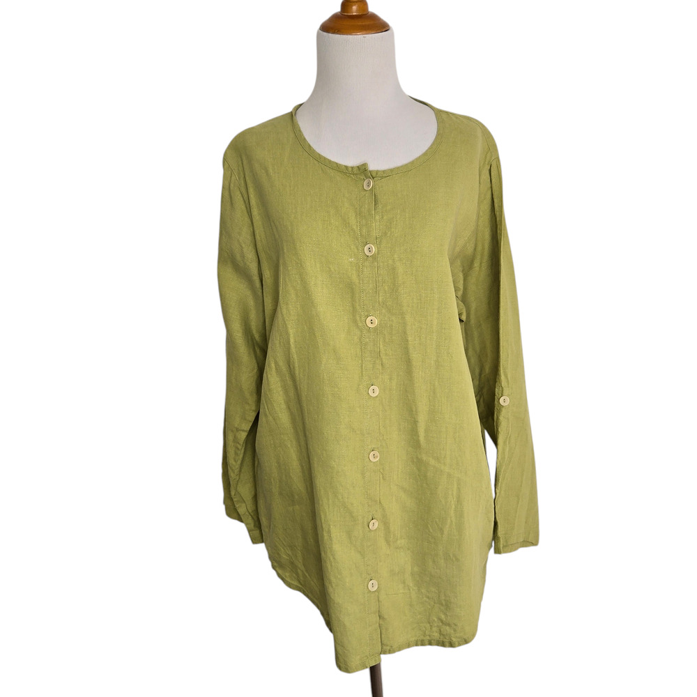 Flax Linen Tunic Button Up Long Sleeve Green Lagenlook Oversized Women Small